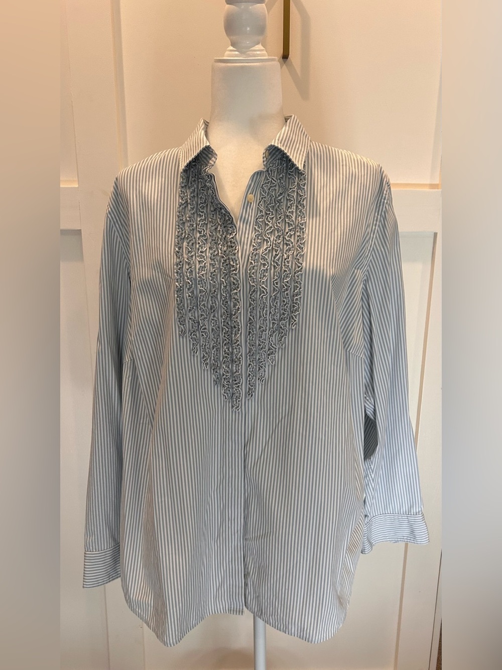 Ralph Lauren Light Blue and White Striped Shirt with Ruffled Bib